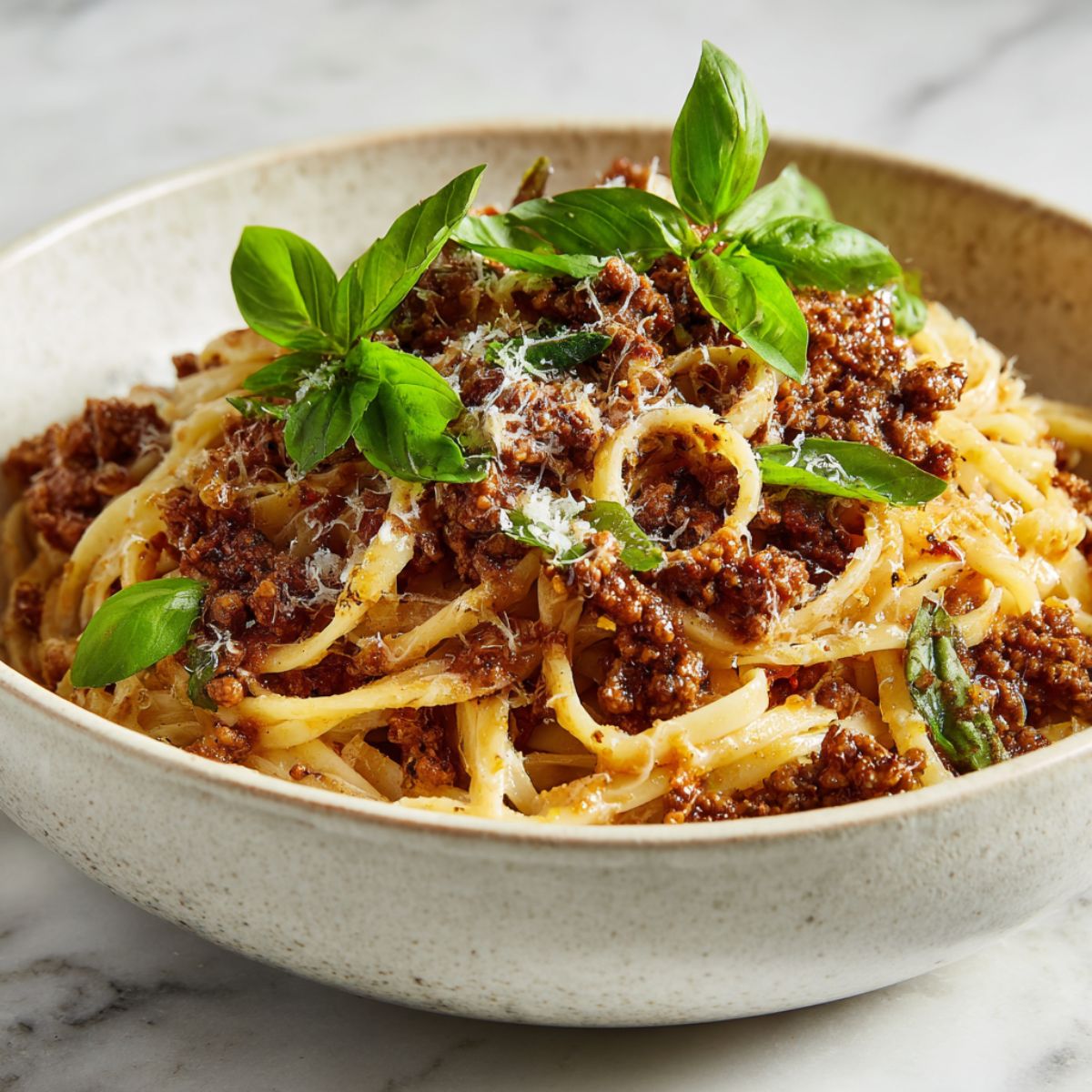 Homemade walnut bolognese recipe pasta served in a white bowl on a marble kitchen counter, shot from above with a natural, homemade look.