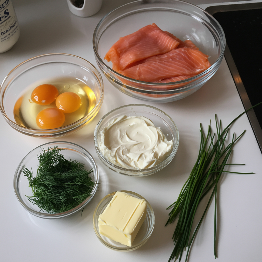Overhead view of smoked salmon omelette ingredients laid out on a white kitchen counter, including eggs, salmon, cream cheese, dill, and chives.