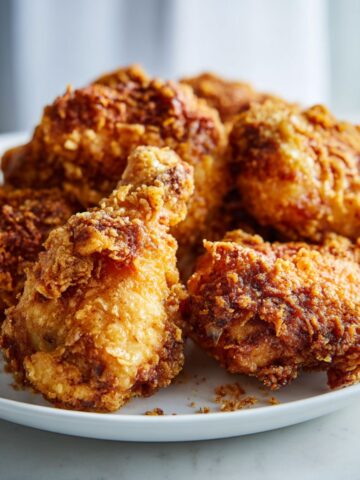 Crispy homemade fried chicken recipe served on a plate, golden brown pieces with a rustic, homemade look on a white kitchen counter.