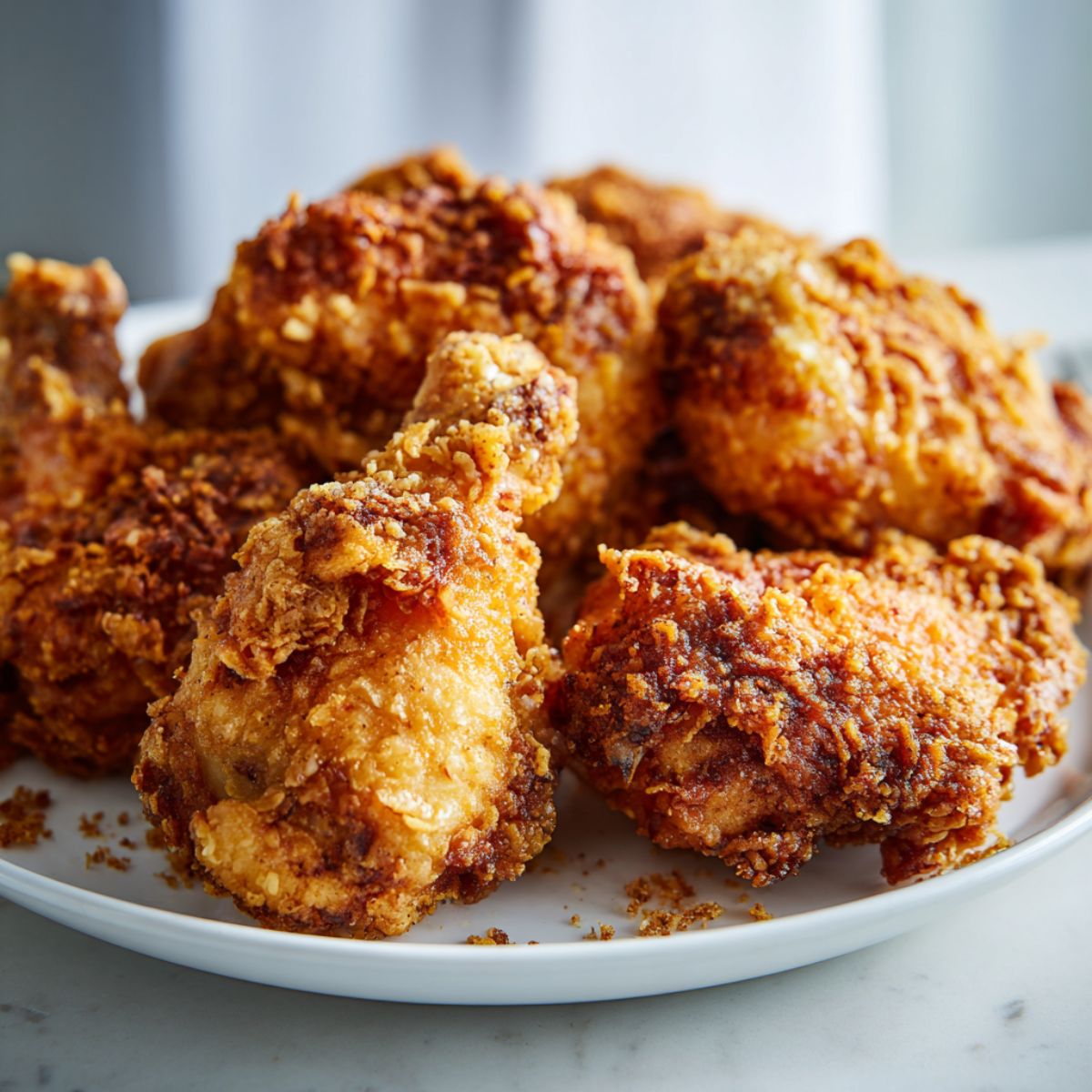 Crispy homemade fried chicken recipe served on a plate, golden brown pieces with a rustic, homemade look on a white kitchen counter.