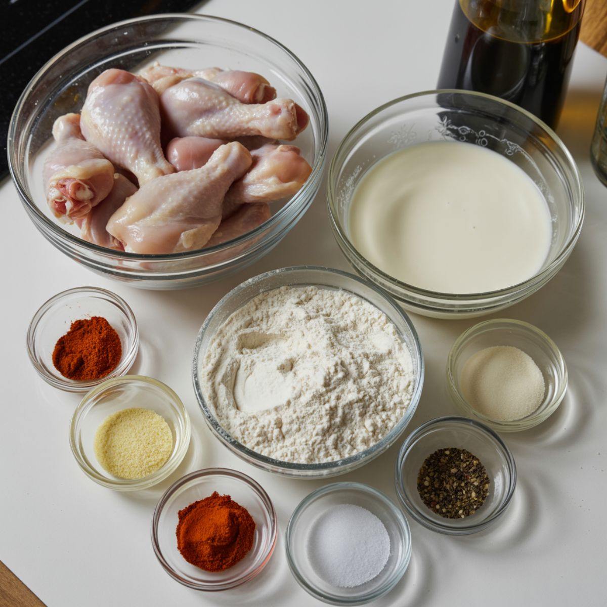 Overhead photo of raw chicken, buttermilk, flour, and spices for making a homemade fried chicken recipe on a white kitchen counter.