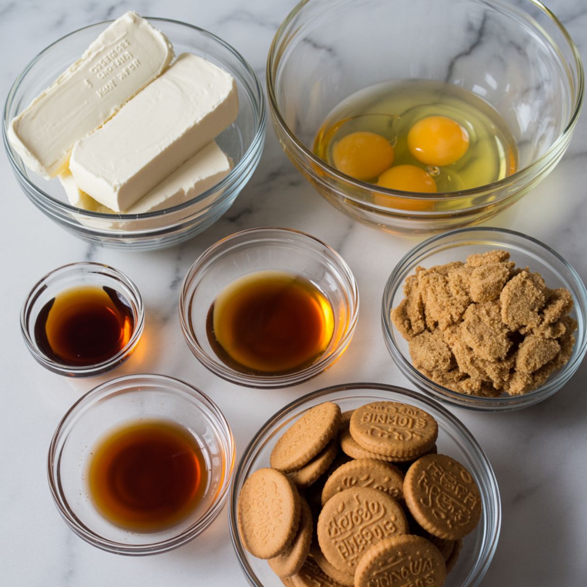 Overhead image of gingerbread cheesecake ingredients including cream cheese, molasses, eggs, sugar, gingersnap cookies, and spices on a white marble counter.