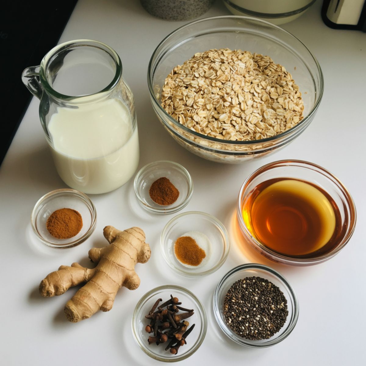 Overhead photo of ingredients for gingerbread overnight oats including oats, almond milk, spices, chia seeds, and maple syrup on a white kitchen counter.