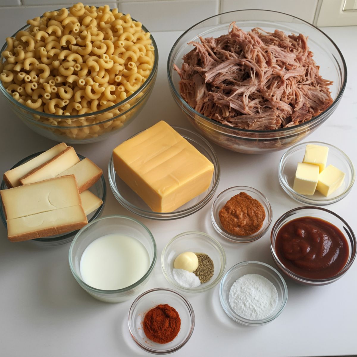Overhead flat lay of ingredients for BBQ pulled pork mac and cheese including macaroni, pulled pork, cheddar, gouda, BBQ sauce, milk, and spices on a white counter.
