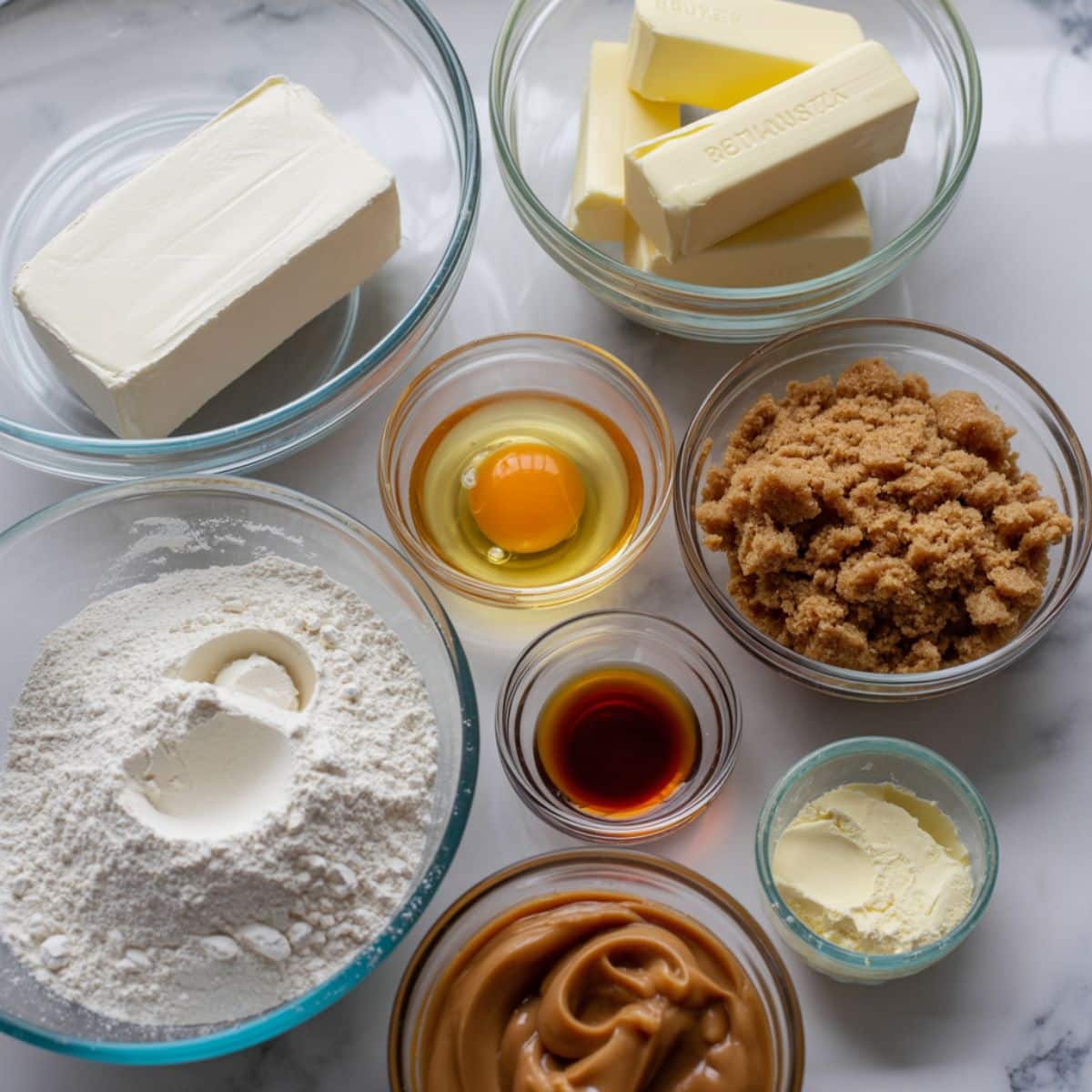 Overhead photo of cream cheese, butter, brown sugar, egg, flour, and caramel sauce on a white kitchen counter for caramel cheesecake cookies.