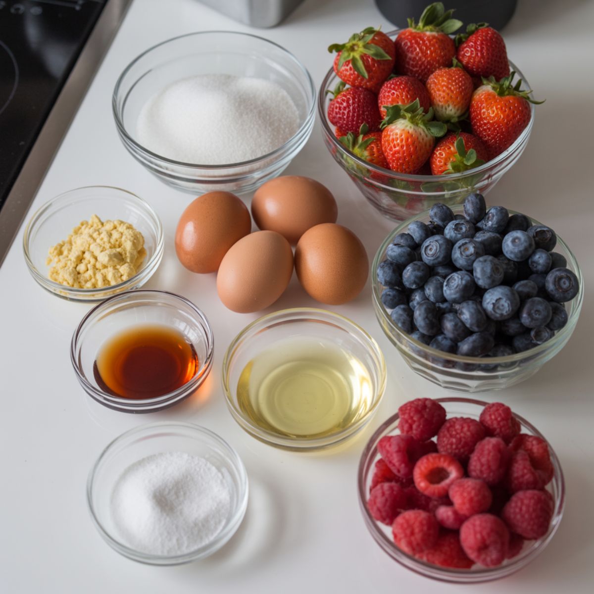 Overhead view of pavlova ingredients including eggs, sugar, vanilla, cornstarch, vinegar, and fresh mixed berries on a white kitchen counter.