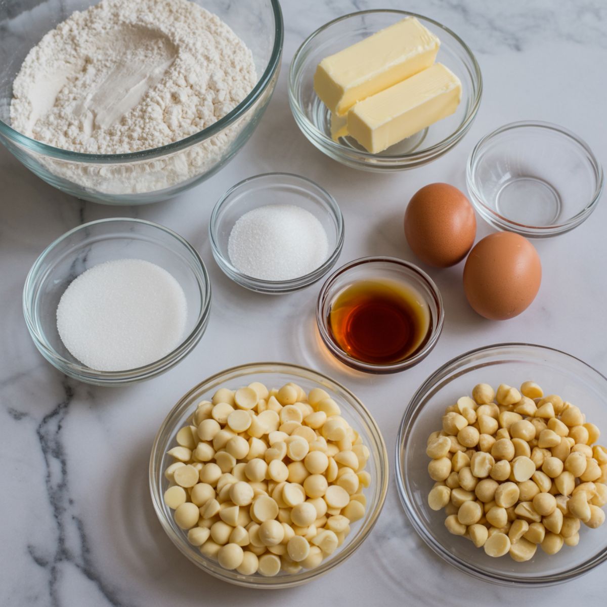 Overhead view of macadamia cookie ingredients on a white marble counter, including flour, sugar, butter, eggs, vanilla, white chocolate chips, and chopped macadamia nuts.