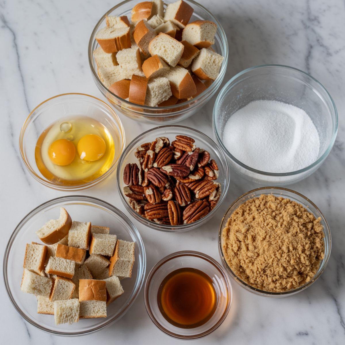 Overhead photo of maple pecan bread pudding ingredients on a white kitchen counter including cubed bread, pecans, eggs, brown sugar, and maple syrup.