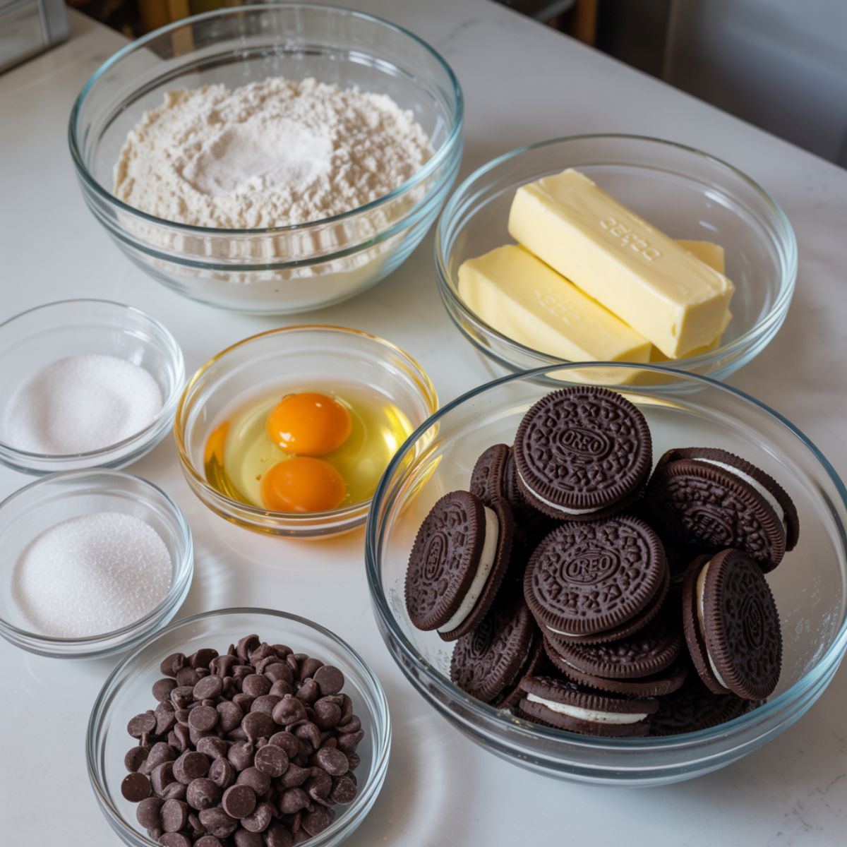 Overhead photo of baking ingredients on a white counter including flour, butter, eggs, sugar, chocolate chips, and Oreo cookies for a homemade stuffed cookie recipe.