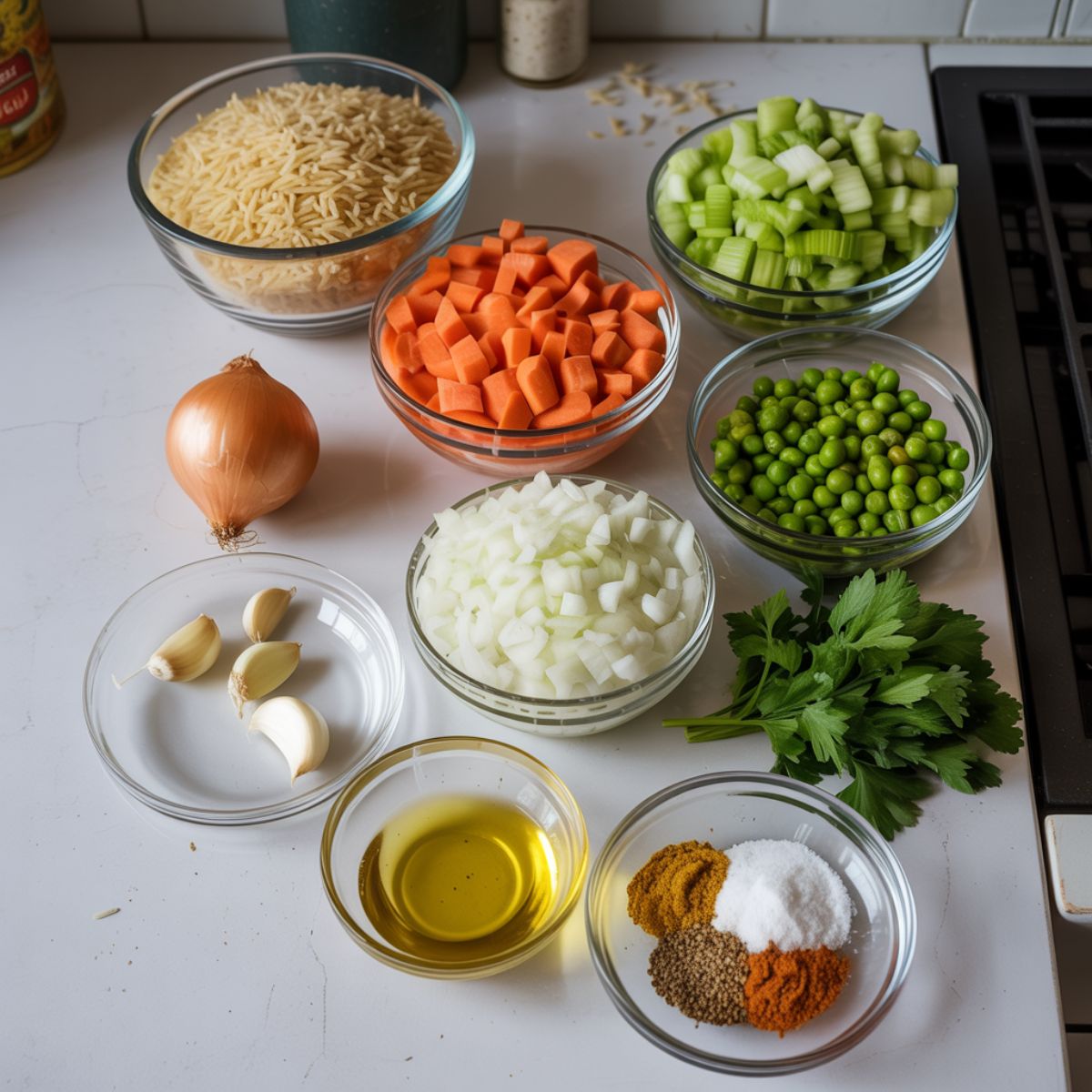 Overhead photo of basmati rice, carrots, celery, onion, peas, parsley, garlic, and spices on a white kitchen counter for making vegetable rice pilaf.