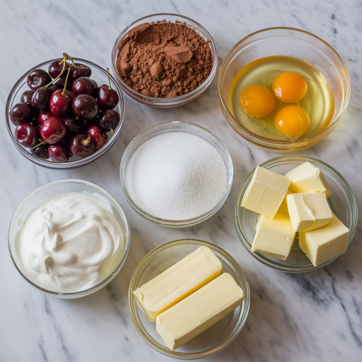 Top-down view of fresh ingredients for fudgy Black Forest bars including cherries, cocoa, butter, eggs, sugar, and cream on a white marble kitchen counter.