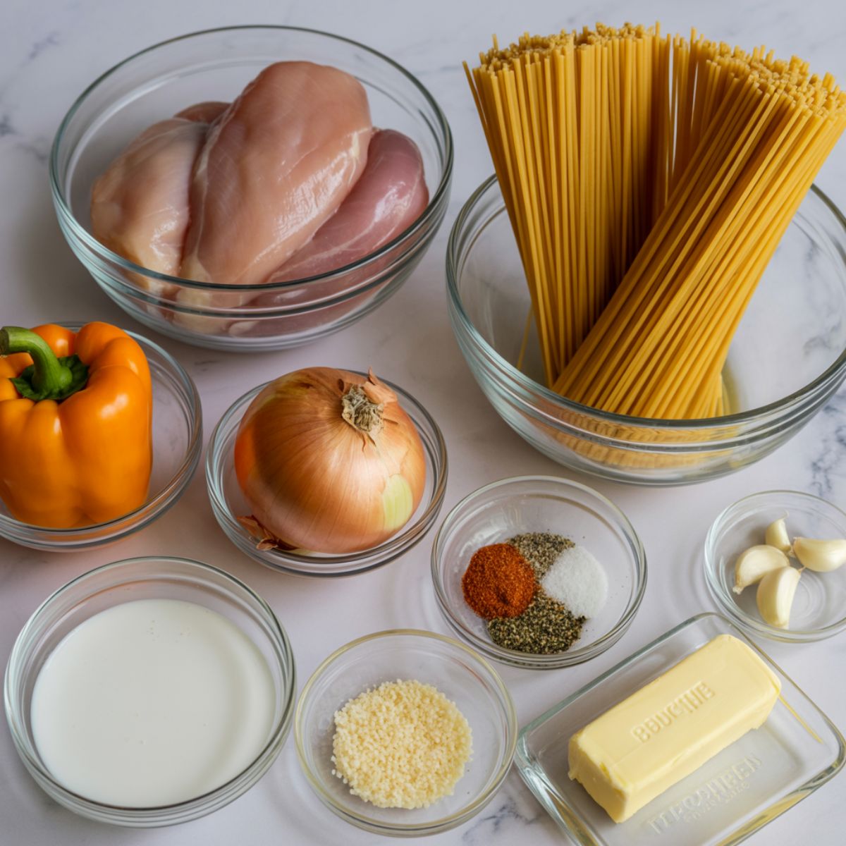 Overhead view of raw ingredients for Cajun chicken spaghetti laid out on a white marble counter, including chicken, spaghetti, bell pepper, onion, garlic, seasoning, and cream.
