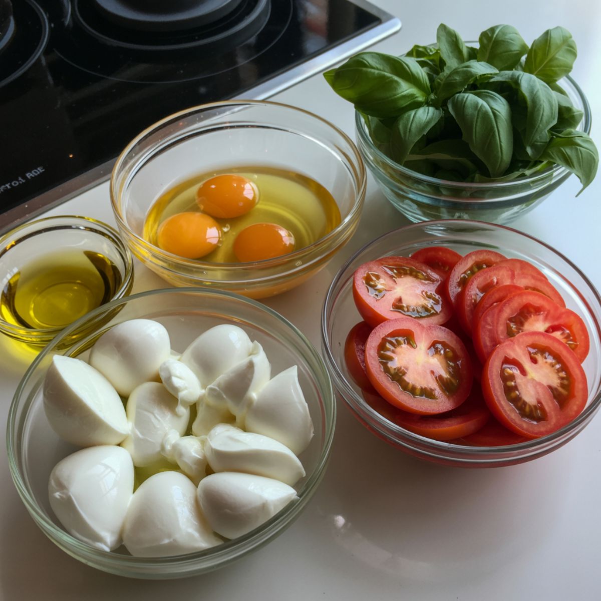 Overhead shot of caprese omelette ingredients including eggs, mozzarella, tomatoes, basil, and olive oil on a white counter.