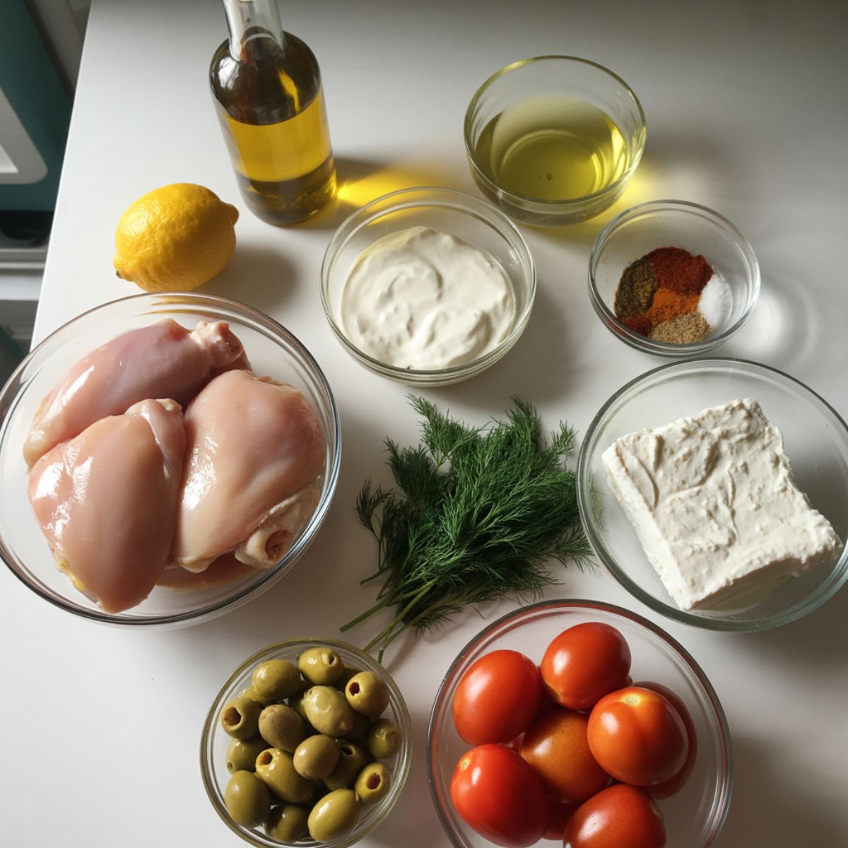 Overhead view of raw ingredients for chicken gyro bowls: chicken thighs, yogurt, cucumber, tomatoes, onion, olives, feta, and spices on a white kitchen counter.