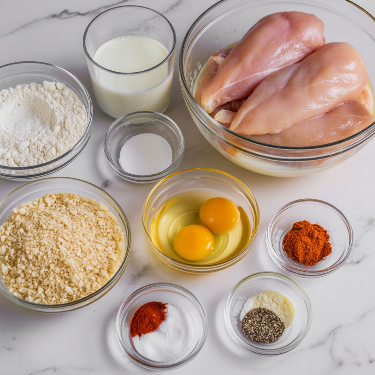 Chicken nuggets ingredients displayed overhead on a white kitchen counter including chicken breast, buttermilk, flour, eggs, breadcrumbs, and spices in glass bowls.