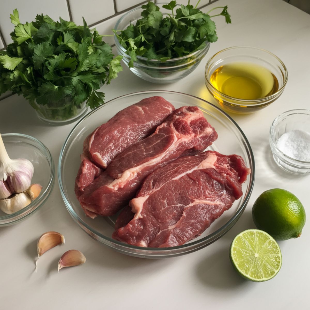 Overhead image of raw flank steak with fresh parsley, cilantro, garlic, olive oil, vinegar, and lime on a white kitchen counter.