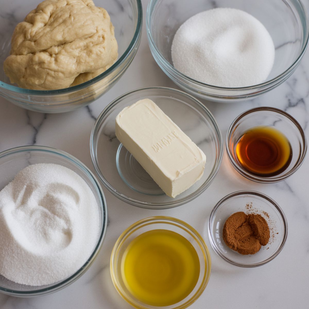 Churro bars ingredients on a white marble kitchen counter including crescent dough, cream cheese, sugar, butter, vanilla, and cinnamon in casual homemade style.