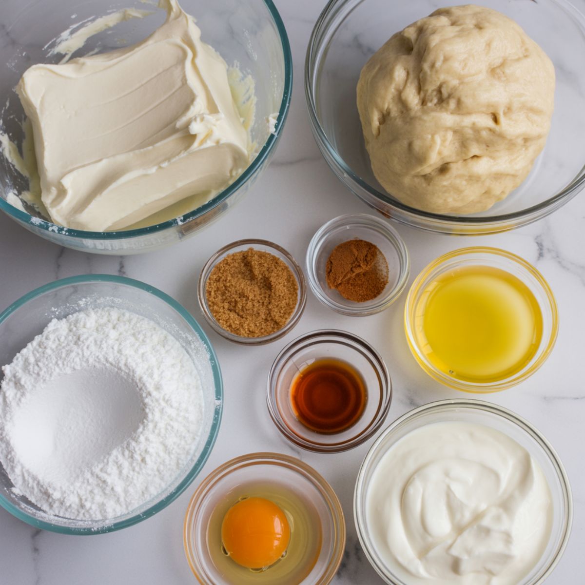 Flat lay of cream cheese, crescent roll dough, cinnamon, sugar, and other ingredients for cinnamon roll cheesecake bars on a white kitchen counter.