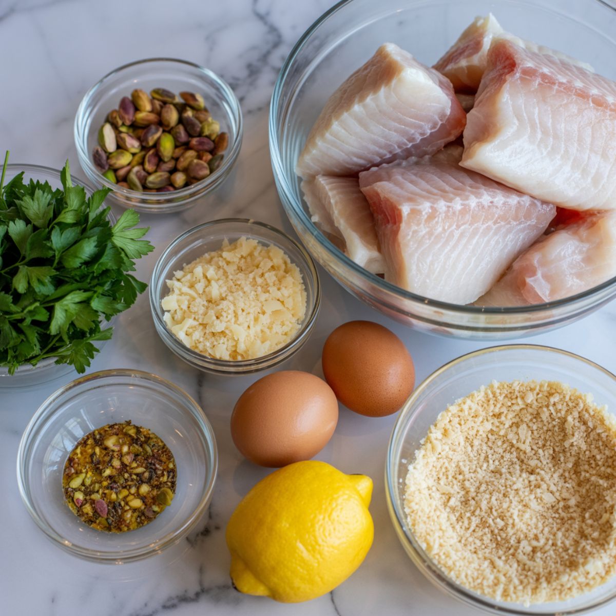 Overhead view of raw cod fillets with pistachios, parsley, Parmesan, eggs, Dijon mustard, lemon, and breadcrumbs on a white marble kitchen counter.