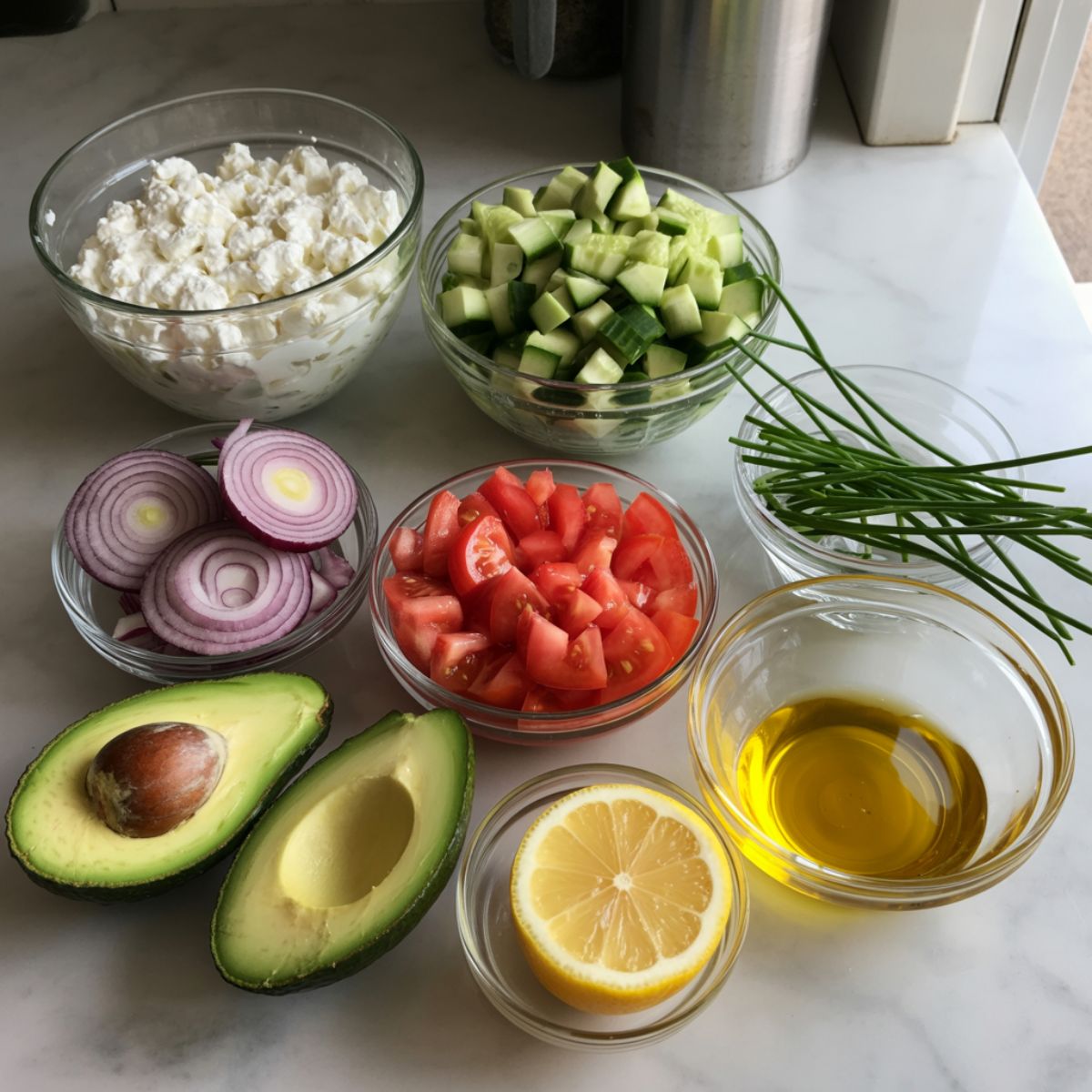 Overhead shot of cottage cheese, vegetables, avocado, and seasoning ingredients for a savory cottage cheese bowl on a white kitchen counter.