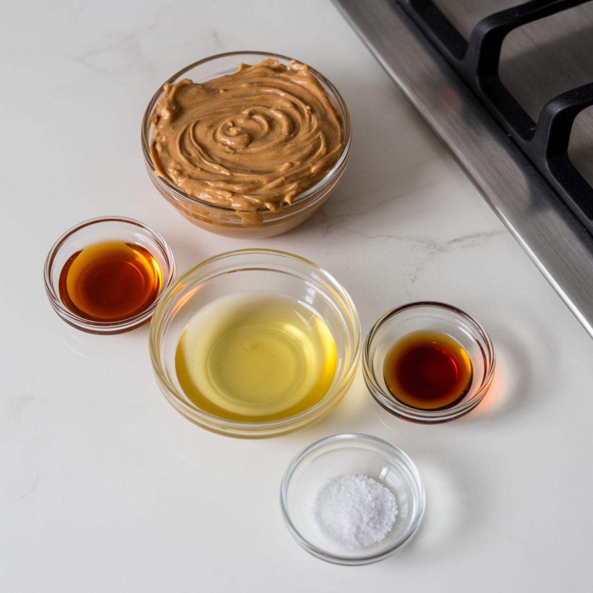 Flat lay of almond butter fudge ingredients including almond butter, maple syrup, coconut oil, vanilla, and sea salt on a white kitchen counter.