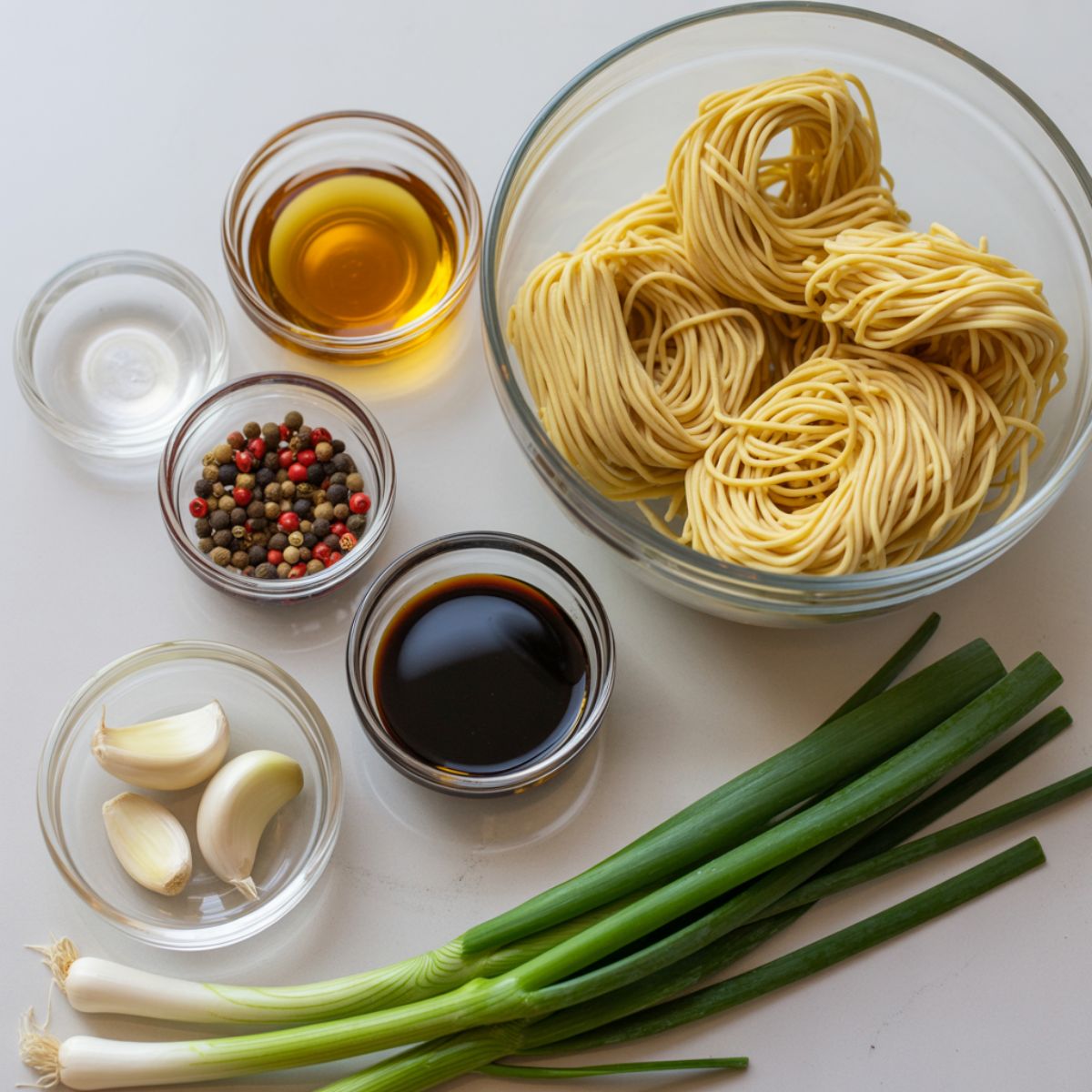 Flatlay of raw ingredients for homemade spicy Szechuan noodles on a white kitchen counter, including noodles, chili oil, garlic, soy sauce, and Szechuan peppercorns.