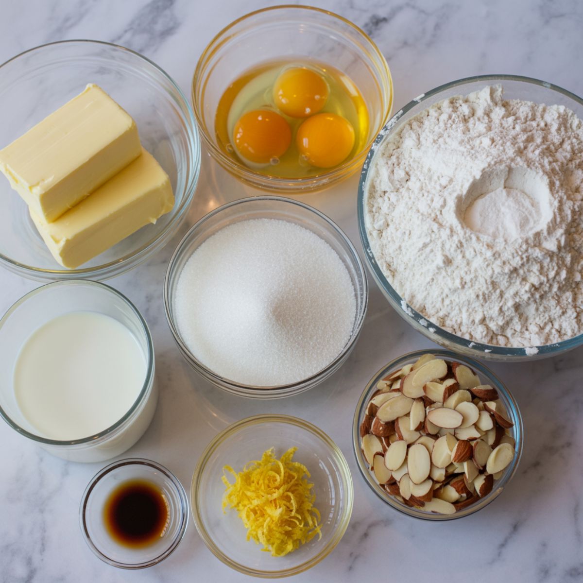 Flat lay of French butter cake ingredients on a white counter: butter, eggs, flour, sugar, milk, vanilla, lemon zest, and almonds.