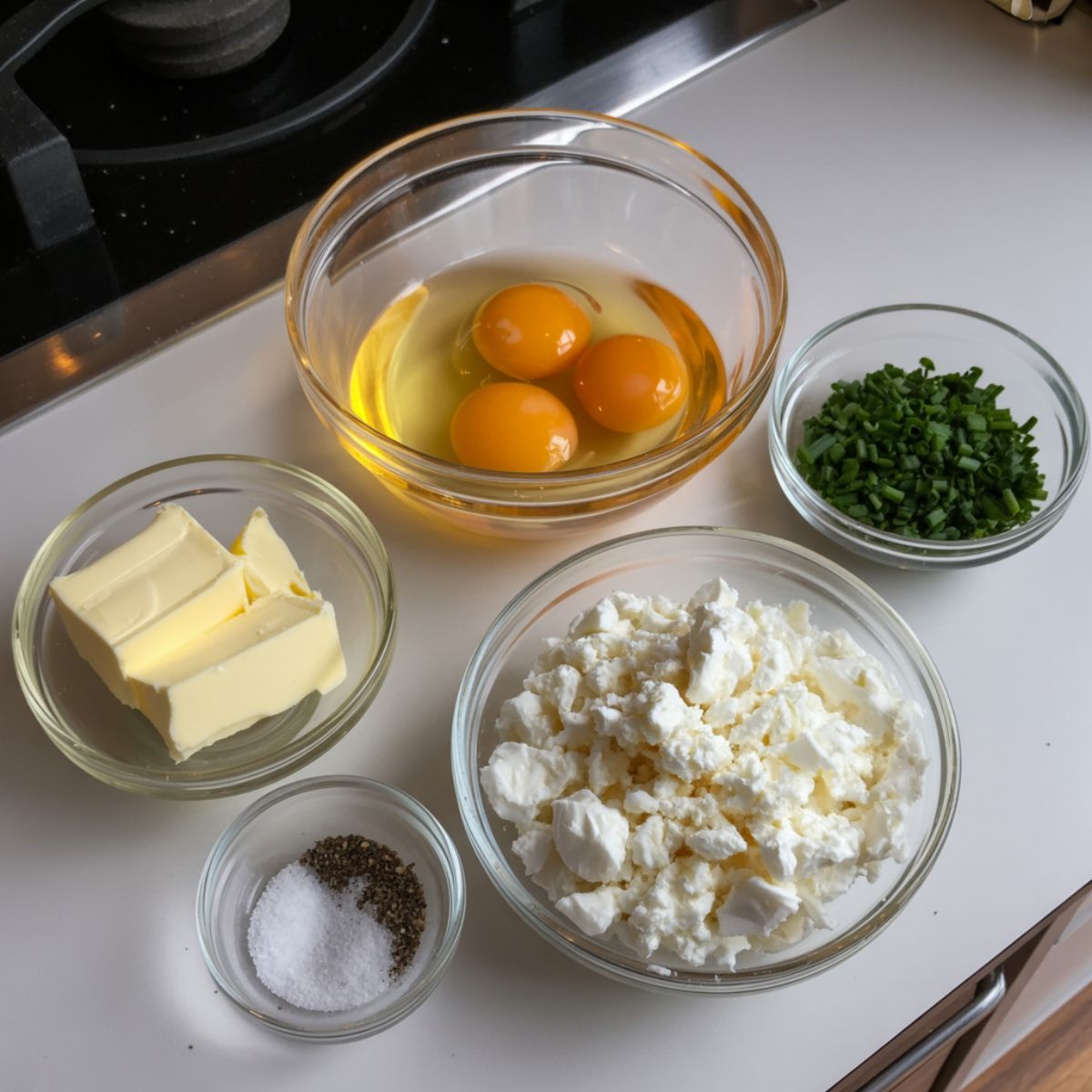 Overhead view of goat cheese omelette ingredients including eggs, crumbled goat cheese, chives, and butter on a white kitchen counter.