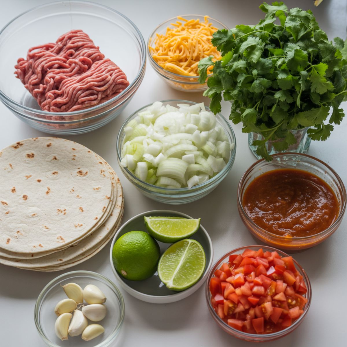Overhead photo of raw ingredients for ground turkey enchilada skillet including ground turkey, onions, bell pepper, garlic, tortillas, cheese, cilantro, lime, enchilada sauce, and diced tomatoes on a white kitchen counter.