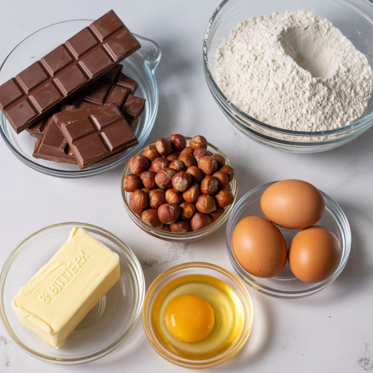 Overhead view of ingredients for hazelnut brownies including chopped dark chocolate, raw hazelnuts, eggs, flour, and butter on a white kitchen counter.