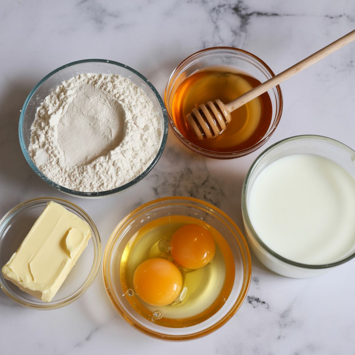 Flat lay of honey cupcake ingredients on a white marble counter: flour, honey, butter, eggs, and milk with a natural homemade feel.