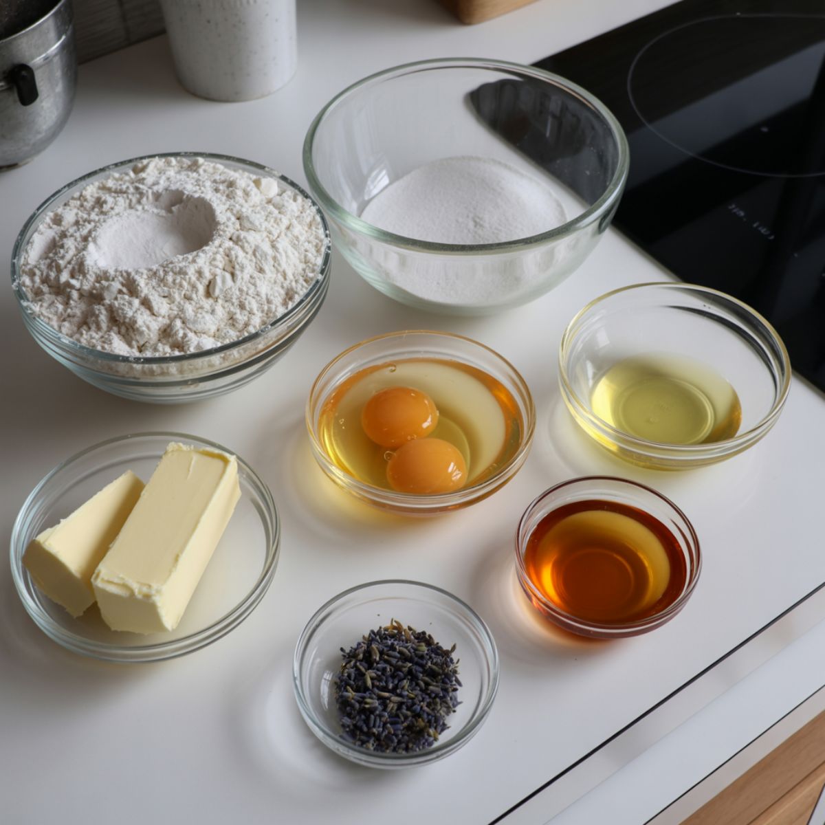 Cupcake ingredients including honey, flour, eggs, butter, and dried lavender buds arranged on a white kitchen counter, photographed from above.