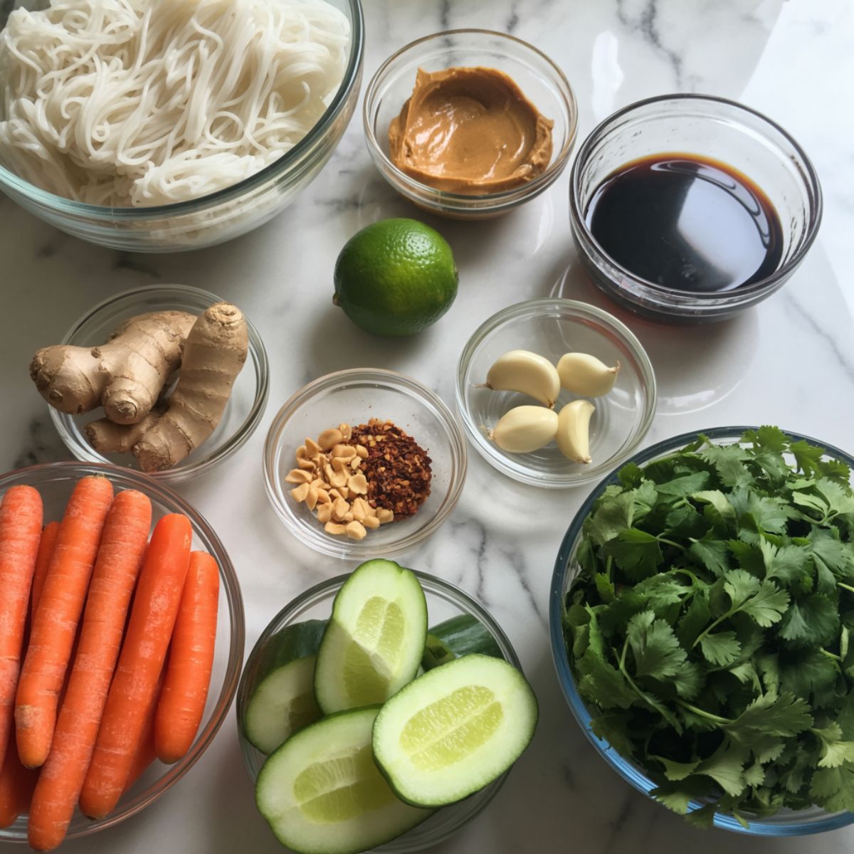 Overhead shot of raw ingredients for a peanut noodle bowl, including noodles, peanut butter, soy sauce, lime, ginger, garlic, vegetables, and peanuts on a white kitchen counter.