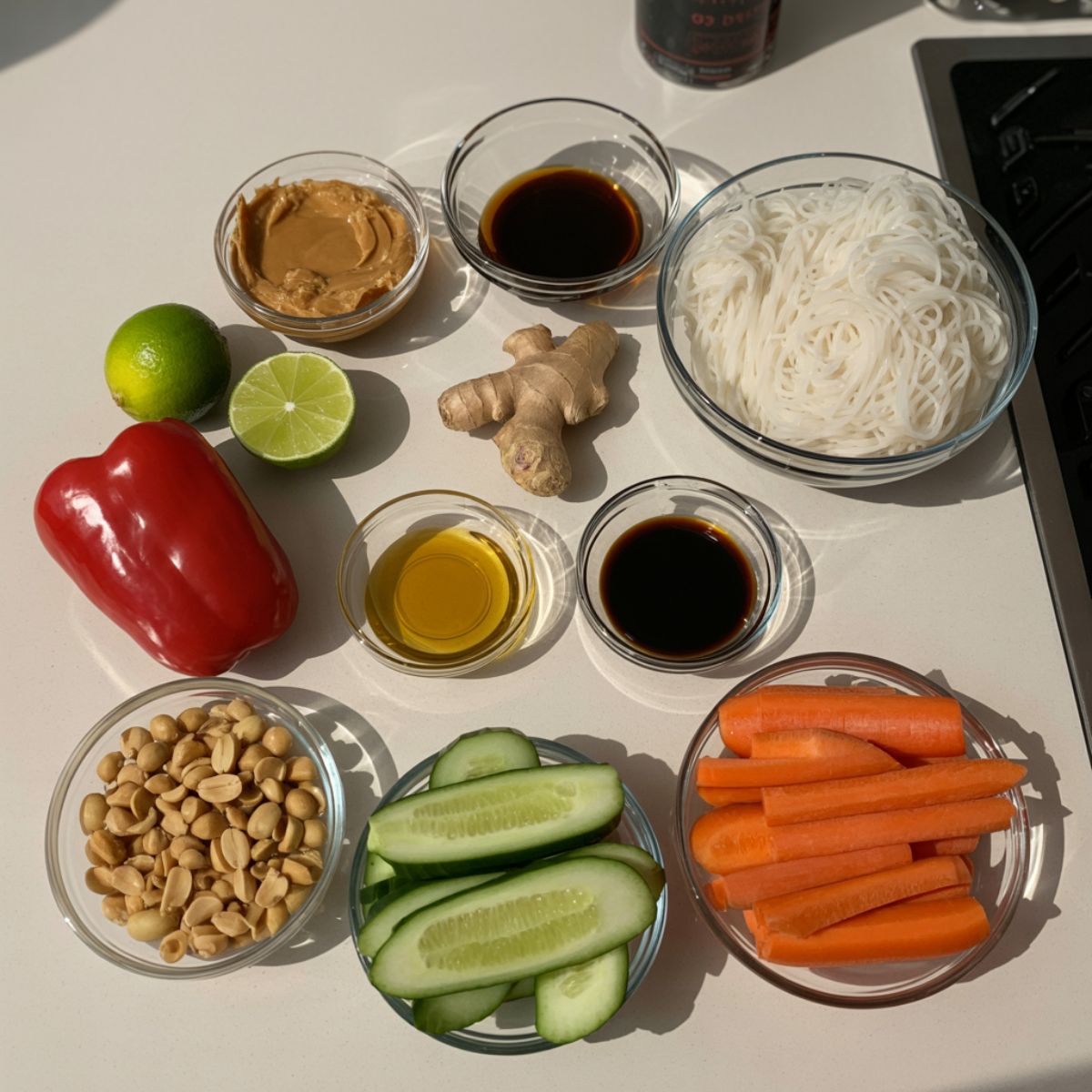 Casual top-down shot of fresh ingredients for spicy Thai peanut noodles, including peanut butter, noodles, vegetables, and sauces on a white kitchen counter.