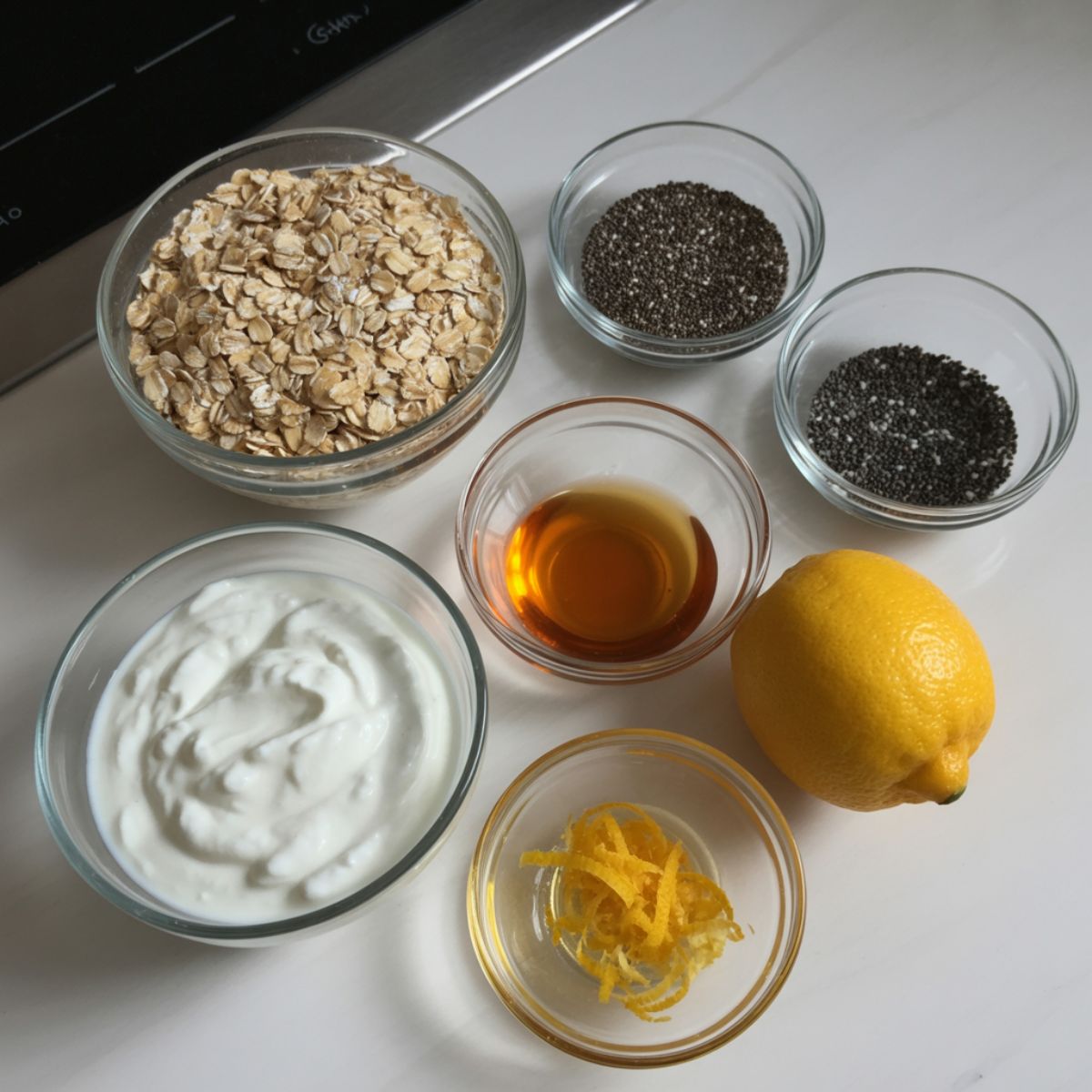 Overhead view of rolled oats, poppy seeds, Greek yogurt, fresh lemon, honey, and chia seeds laid out on a white kitchen counter for overnight oats.