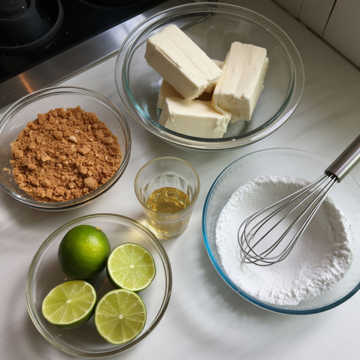 Overhead shot of margarita cheesecake ingredients on a white kitchen counter: graham crackers, cream cheese, limes, tequila, and sugar in a casual homemade setup.