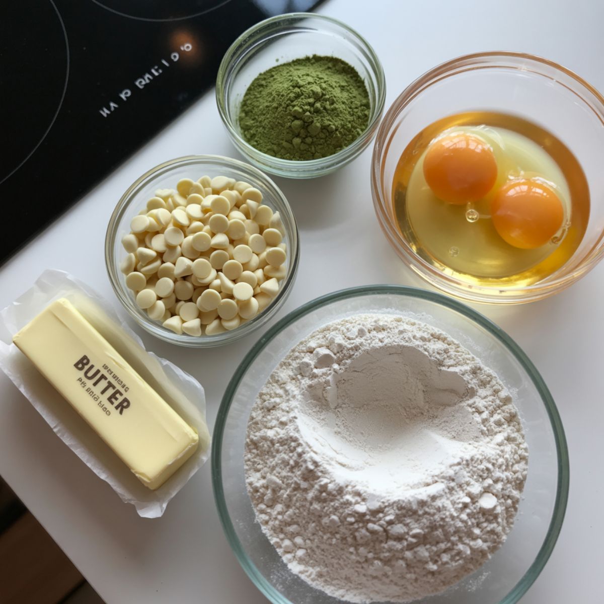 Flat lay of matcha cookie ingredients including matcha powder, white chocolate chips, eggs, butter, and flour on a white kitchen counter.