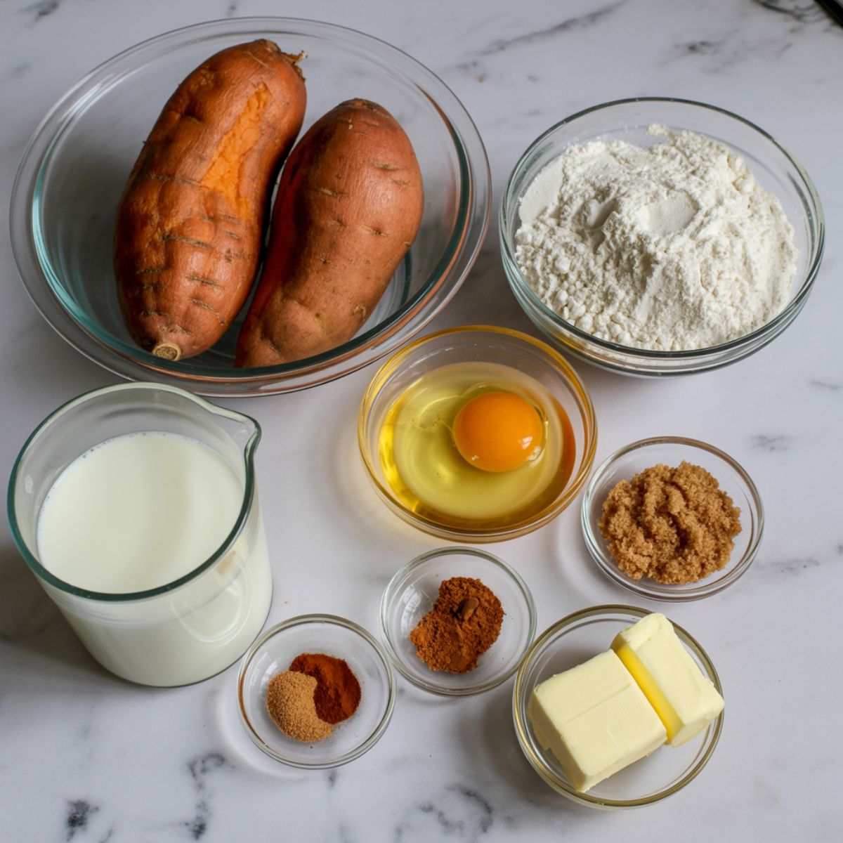 Overhead shot of sweet potato waffle ingredients on a white marble counter, including roasted sweet potatoes, eggs, flour, spices, and milk.