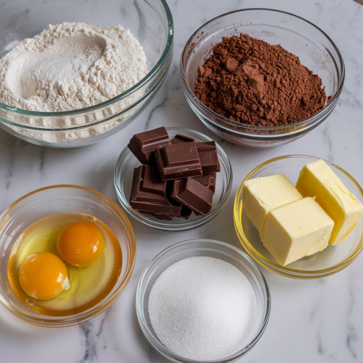 “Overhead view of ingredients for double chocolate fudge cake including flour, cocoa, chocolate, eggs, and sugar on a kitchen counter.