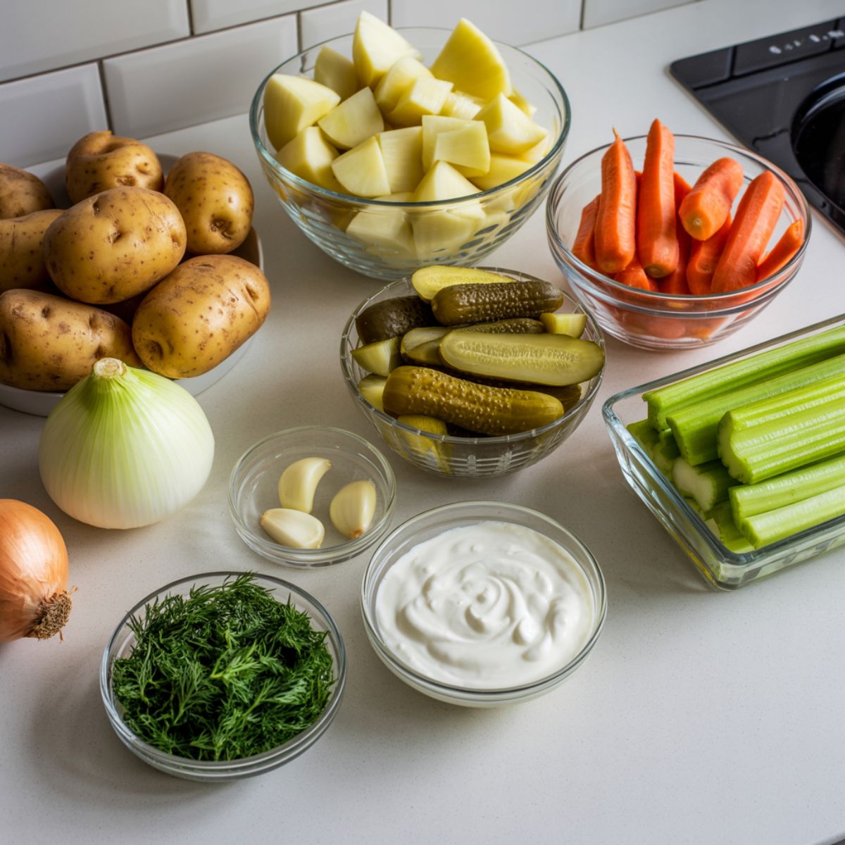 Overhead view of fresh ingredients for creamy dill pickle soup including potatoes, pickles, carrots, celery, onion, garlic, sour cream, and dill on a white counter.