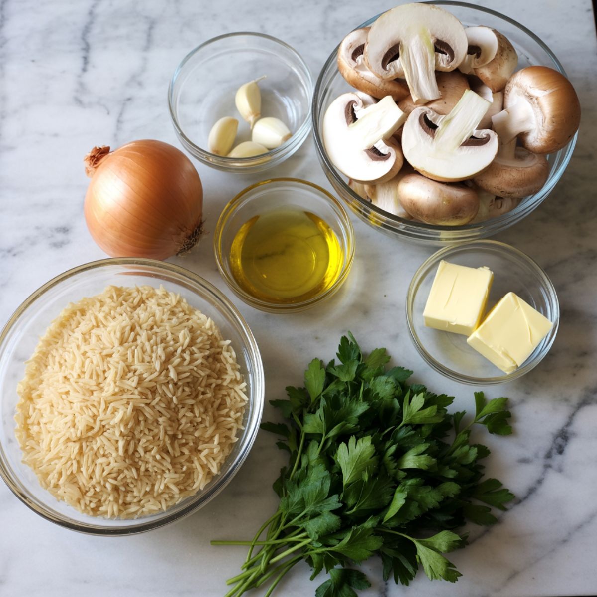 Overhead image of raw ingredients for mushroom rice pilaf including rice, mushrooms, onion, garlic, butter, and parsley on a white marble counter.