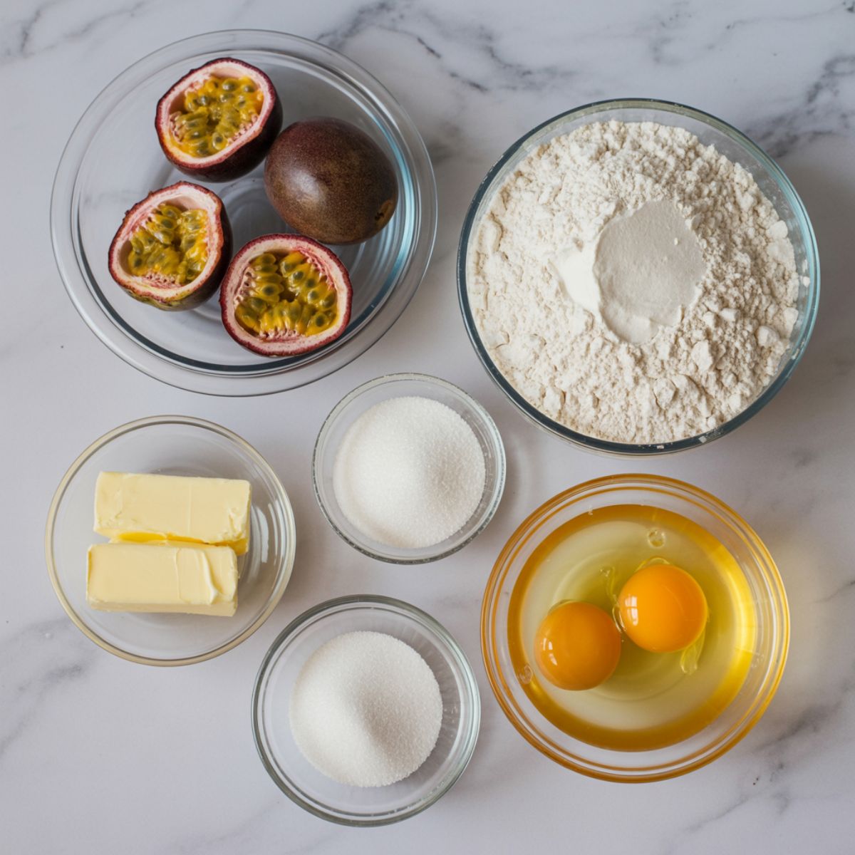 Overhead view of passionfruit cupcake ingredients on a white kitchen counter, including fresh passionfruit, flour, butter, sugar, and eggs.