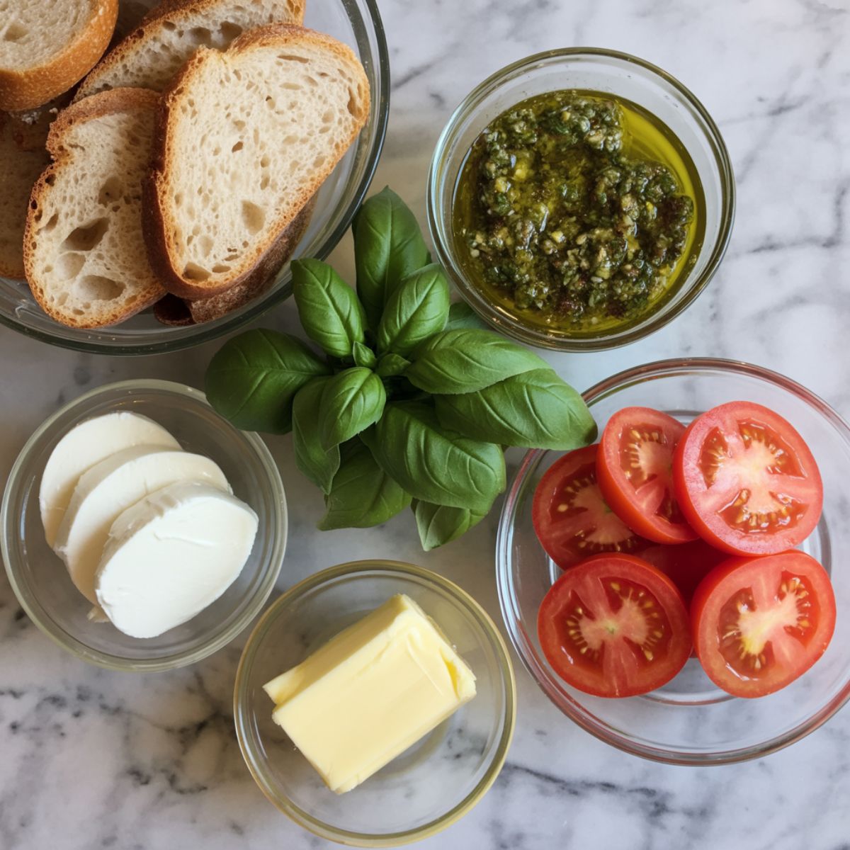Overhead view of pesto grilled cheese ingredients including bread, pesto, mozzarella, butter, and tomatoes on a white counter