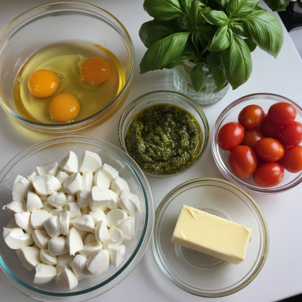 Overhead view of pesto omelette ingredients on a white kitchen counter including eggs, pesto, mozzarella, tomatoes, basil, and butter.