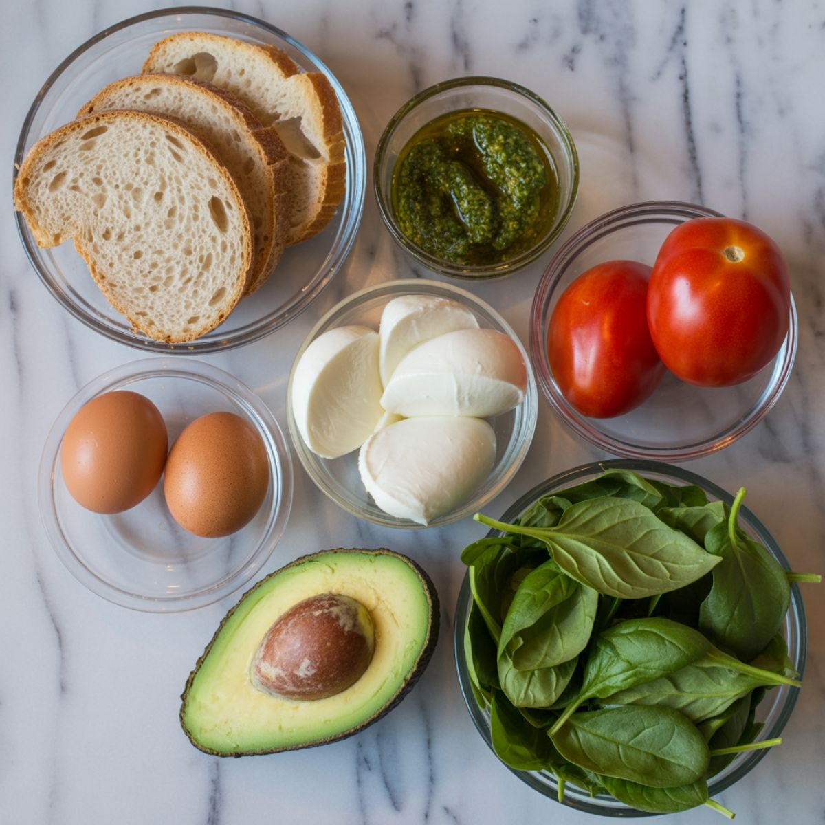 Overhead shot of sourdough, eggs, mozzarella, pesto, and fresh vegetables on a white marble counter for a breakfast sandwich recipe.