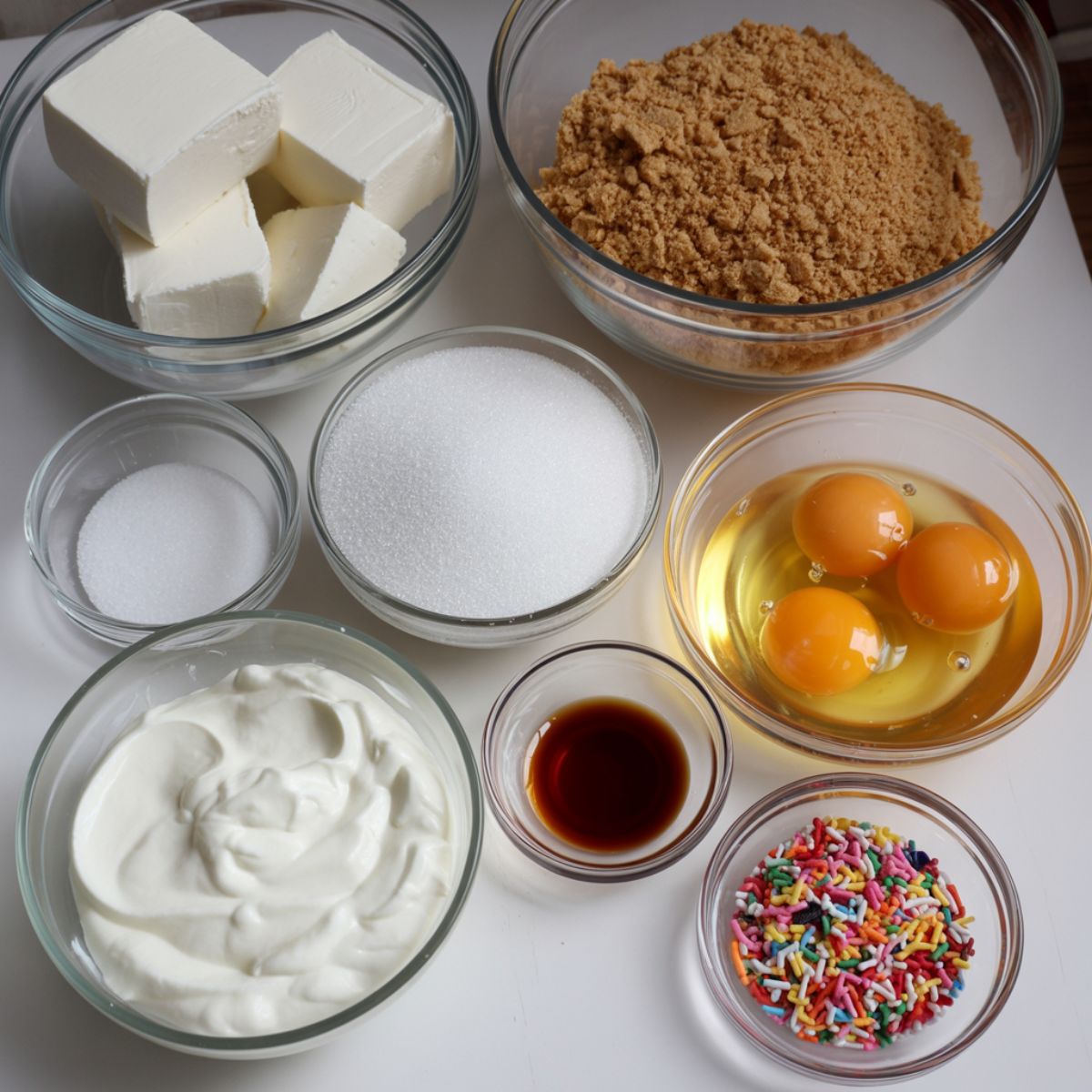 Overhead shot of Funfetti cheesecake ingredients including cream cheese, graham crackers, sugar, eggs, vanilla, sour cream, and rainbow sprinkles on a white kitchen counter.