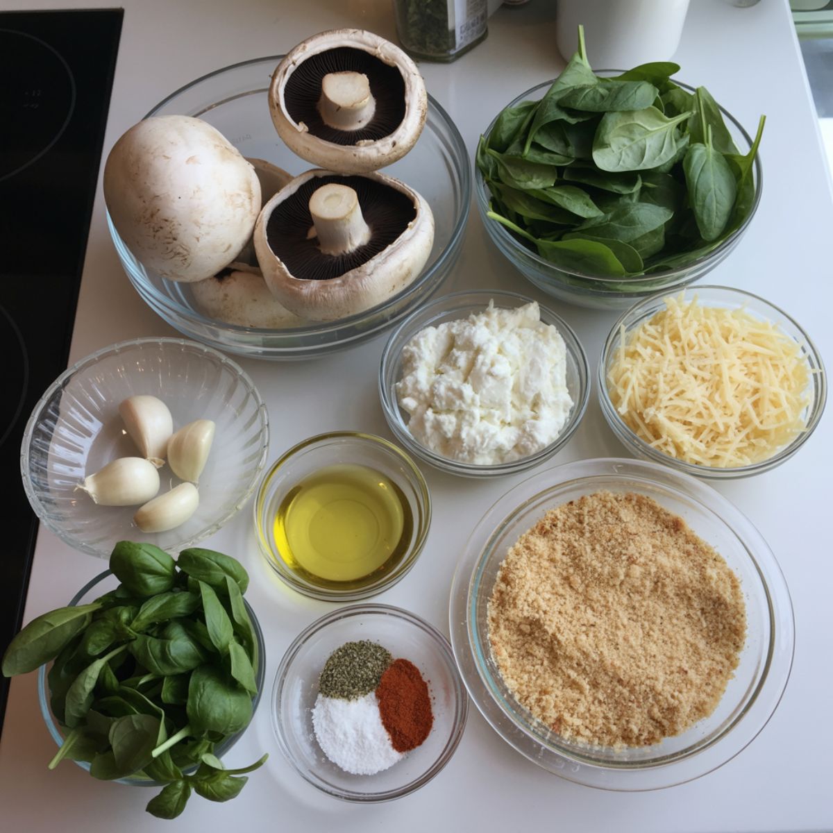 Overhead shot of raw ingredients for stuffed portobello mushrooms including mushroom caps, spinach, cheeses, garlic, breadcrumbs, and basil on a white kitchen counter.