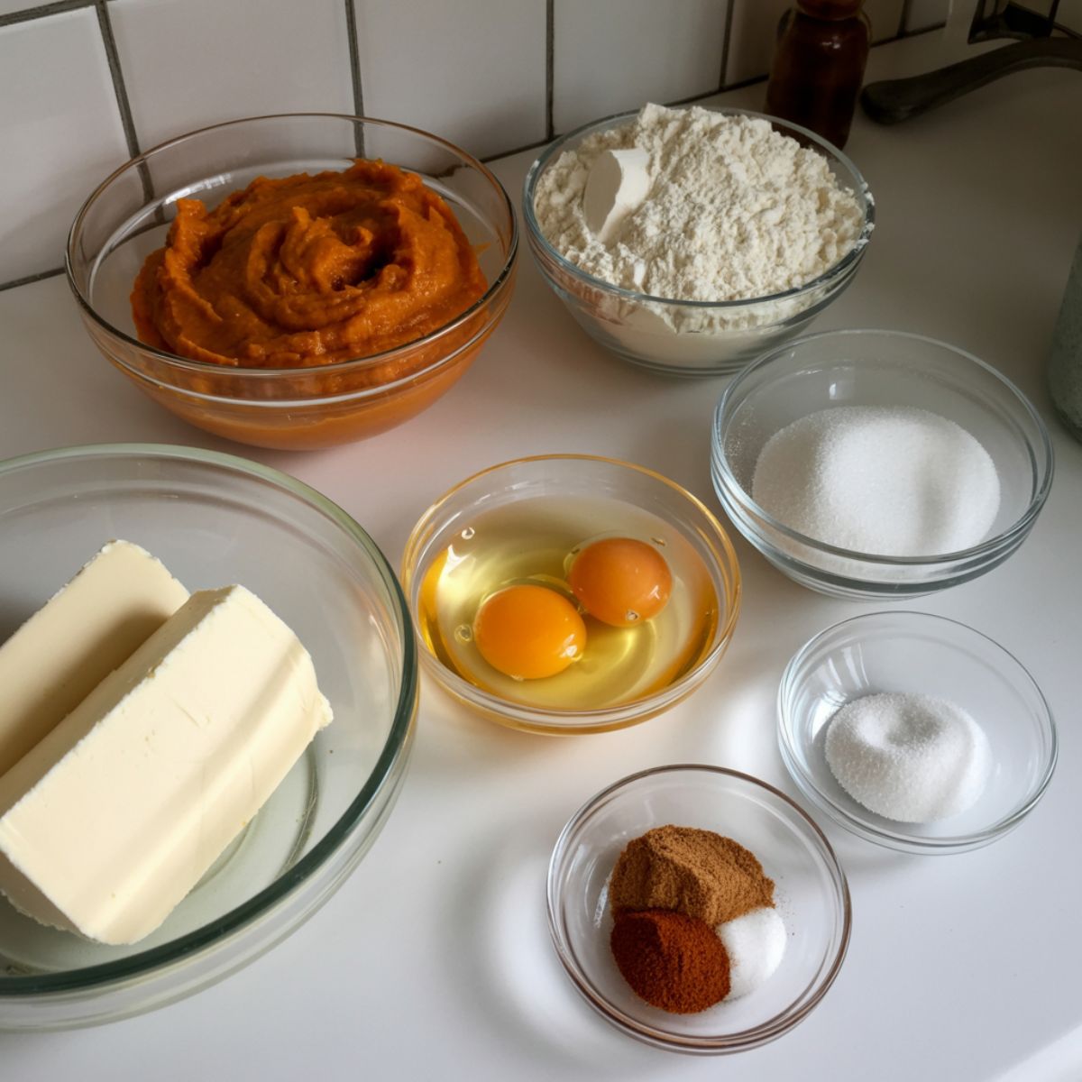 Pumpkin puree, cream cheese, flour, sugar, eggs, and spices laid out on a white kitchen counter for making pumpkin cream cheese muffins, overhead homemade style.