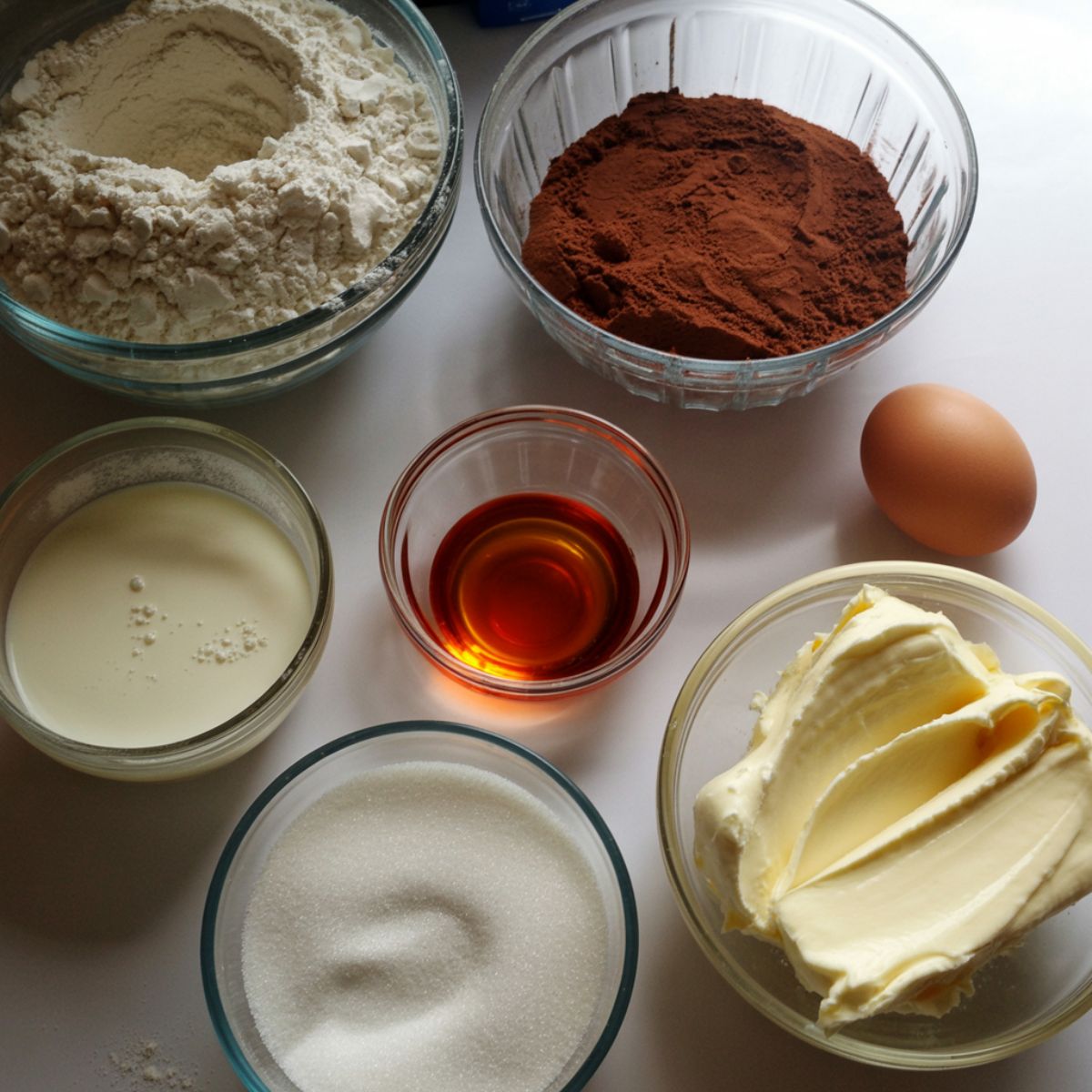 Overhead photo of ingredients for homemade mini red velvet cupcakes on a white kitchen counter.