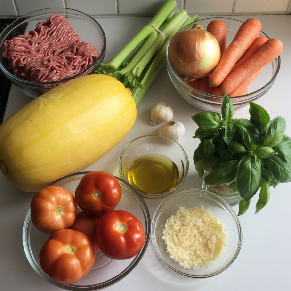 Overhead view of fresh ingredients for spaghetti squash bolognese including spaghetti squash, ground beef, vegetables, tomatoes, and herbs on a white counter.